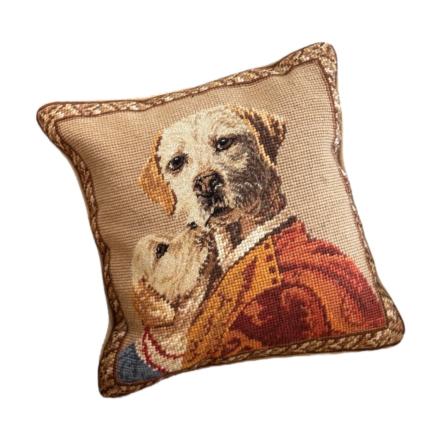 Vintage Needlepoint Pillow – Regal Dogs in Portrait Attire